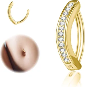 ZS 14G Clicker Belly Button Rings for Women, 925 Sterling Silver Belly Barbell Piercing Simulated Diamonds Rivet Reverse Curved Navel Barbell Body Jewelry