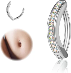 ZS 14G Clicker Belly Button Rings for Women, 925 Sterling Silver Belly Barbell Piercing Simulated Diamonds Rivet Reverse Curved Navel Barbell Body Jewelry