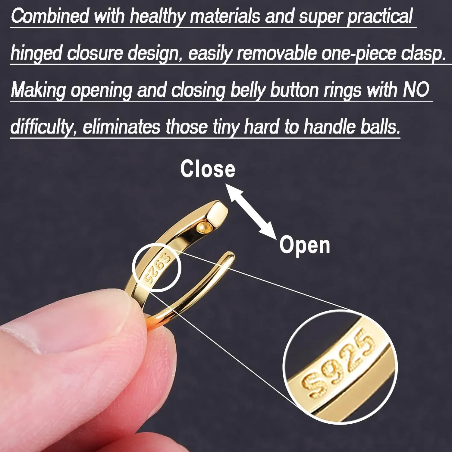ZS 14G Clicker Belly Button Rings for Women, 925 Sterling Silver Belly Barbell Piercing Simulated Diamonds Rivet Reverse Curved Navel Barbell Body Jewelry