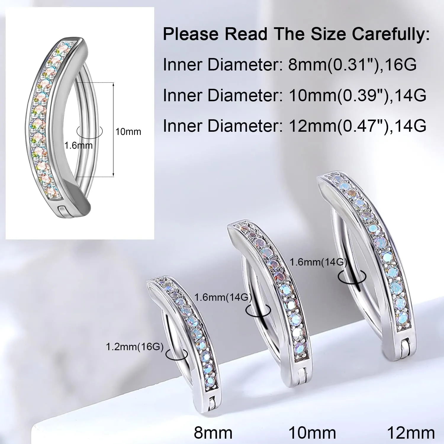 ZS 14G Clicker Belly Button Rings for Women, 925 Sterling Silver Belly Barbell Piercing Simulated Diamonds Rivet Reverse Curved Navel Barbell Body Jewelry