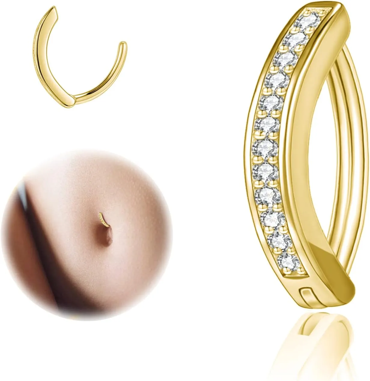 ZS 14G Clicker Belly Button Rings for Women, 925 Sterling Silver Belly Barbell Piercing Simulated Diamonds Rivet Reverse Curved Navel Barbell Body Jewelry