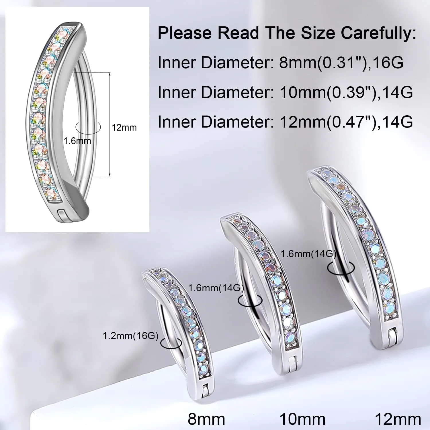 ZS 14G Clicker Belly Button Rings for Women, 925 Sterling Silver Belly Barbell Piercing Simulated Diamonds Rivet Reverse Curved Navel Barbell Body Jewelry