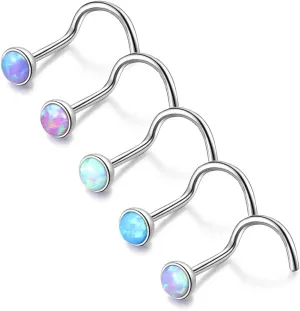 ZS 5 Pieces Opal Nose Studs 20 Gauge Nose Pin Blue Nose Piercing Stud Stainless Steel Nose Stud Retainer L-Shape