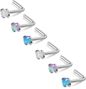 ZS 5 Pieces Opal Nose Studs 20 Gauge Nose Pin Blue Nose Piercing Stud Stainless Steel Nose Stud Retainer L-Shape