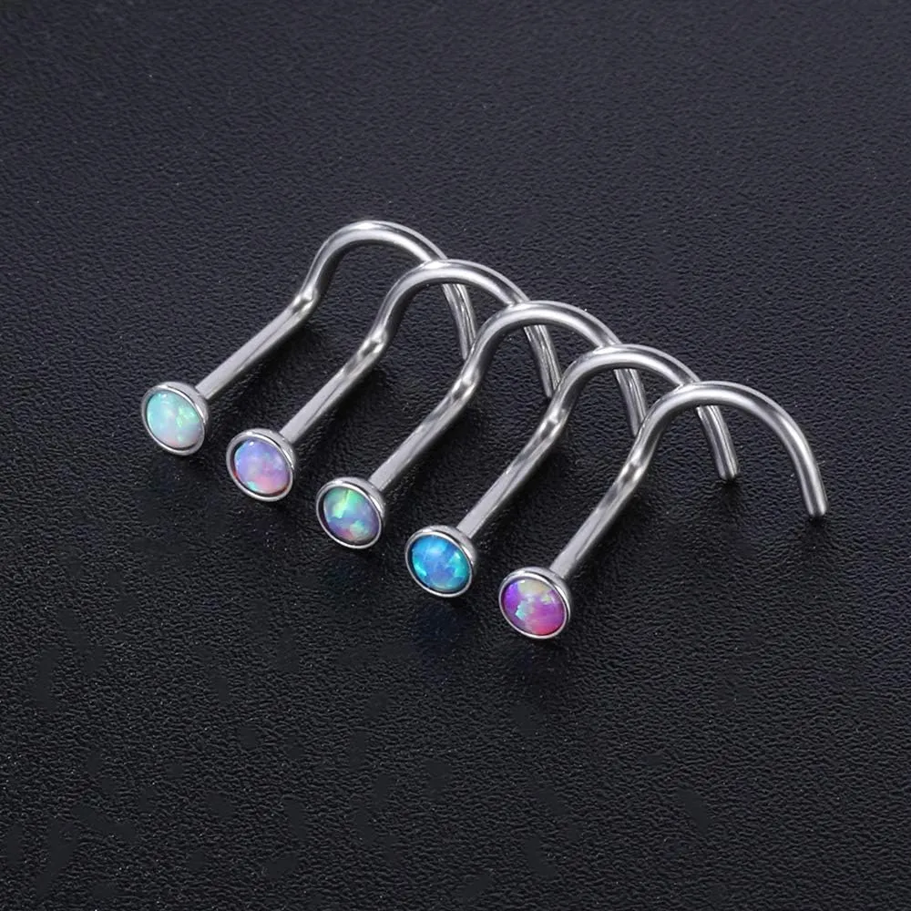 ZS 5 Pieces Opal Nose Studs 20 Gauge Nose Pin Blue Nose Piercing Stud Stainless Steel Nose Stud Retainer L-Shape