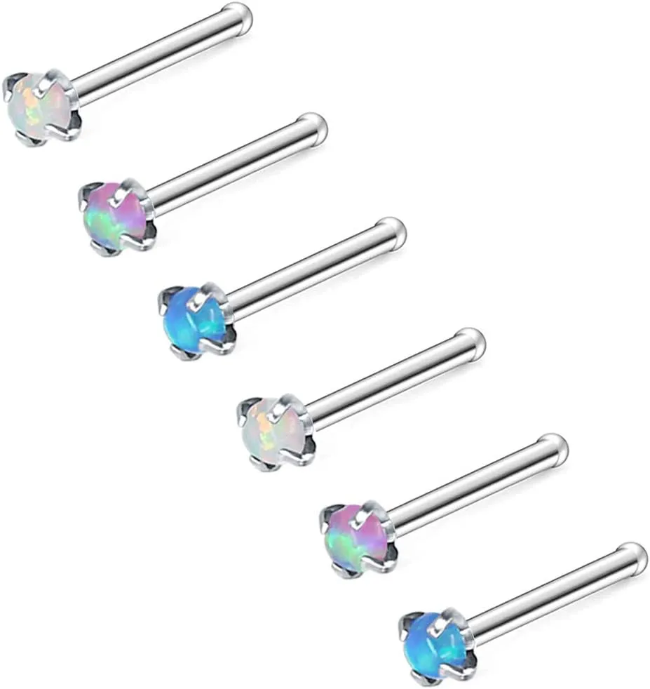ZS 5 Pieces Opal Nose Studs 20 Gauge Nose Pin Blue Nose Piercing Stud Stainless Steel Nose Stud Retainer L-Shape