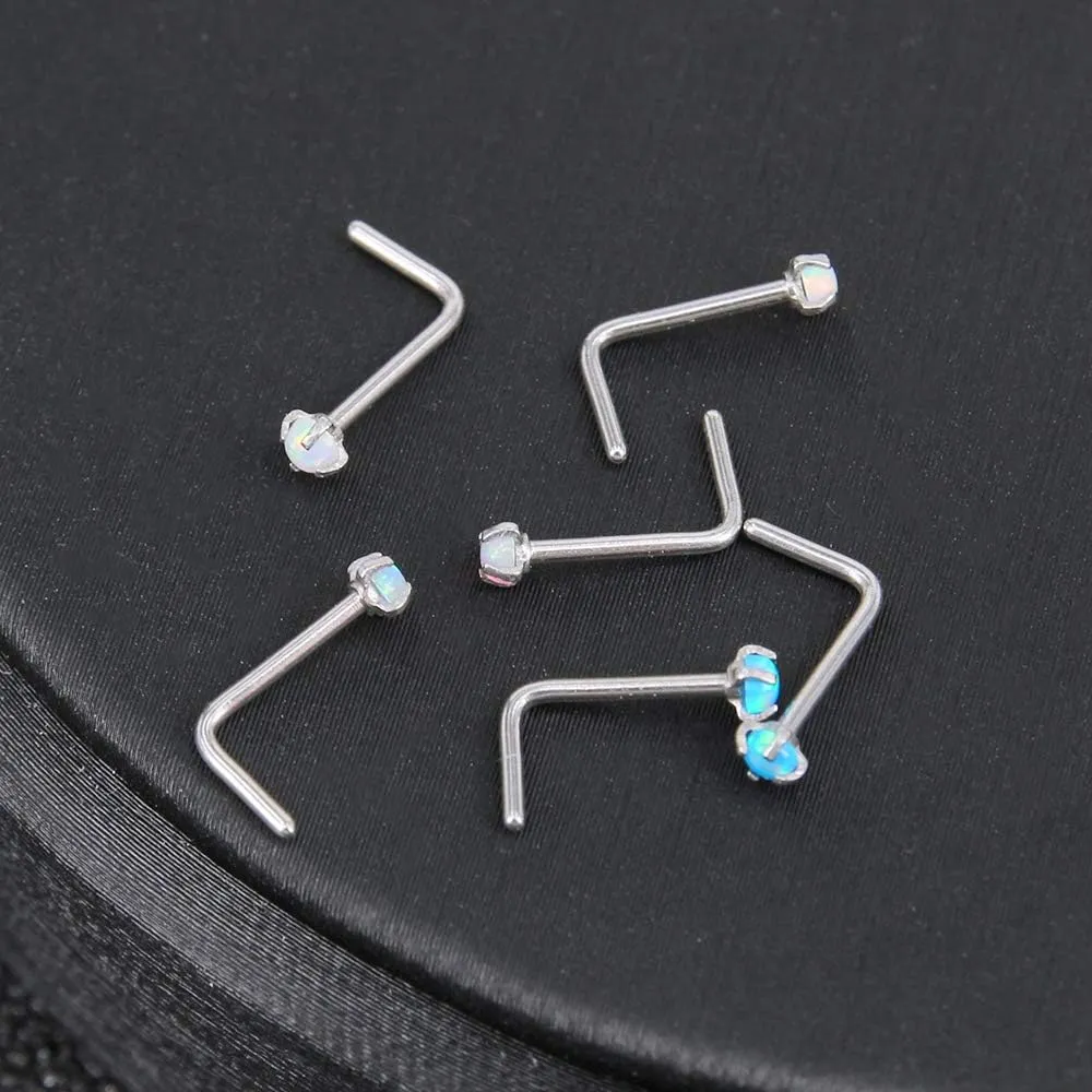 ZS 5 Pieces Opal Nose Studs 20 Gauge Nose Pin Blue Nose Piercing Stud Stainless Steel Nose Stud Retainer L-Shape